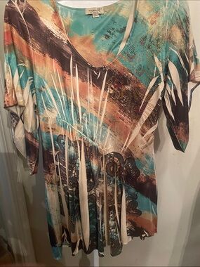 ONE WORLD Multicolor Abstract Scoop Neck Top with Turquoise and Brown